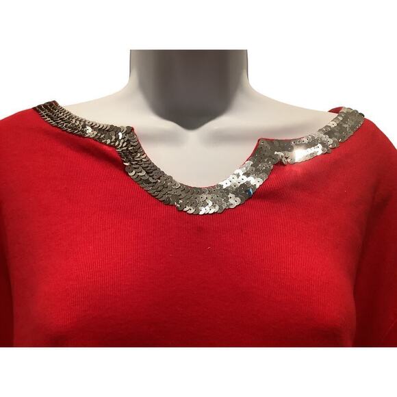 “NEW” QUACKER FACTORY RED COTTON LONG SLEEVE PULLOVER TOP W SEQUIN TRIM 3X NWT - Picture 2 of 7